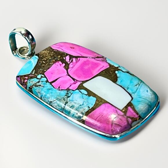 925 Sterling Silver COTTON CANDY Turquoise Cabochon Pendant Handmade Southwest - Picture 2 of 12